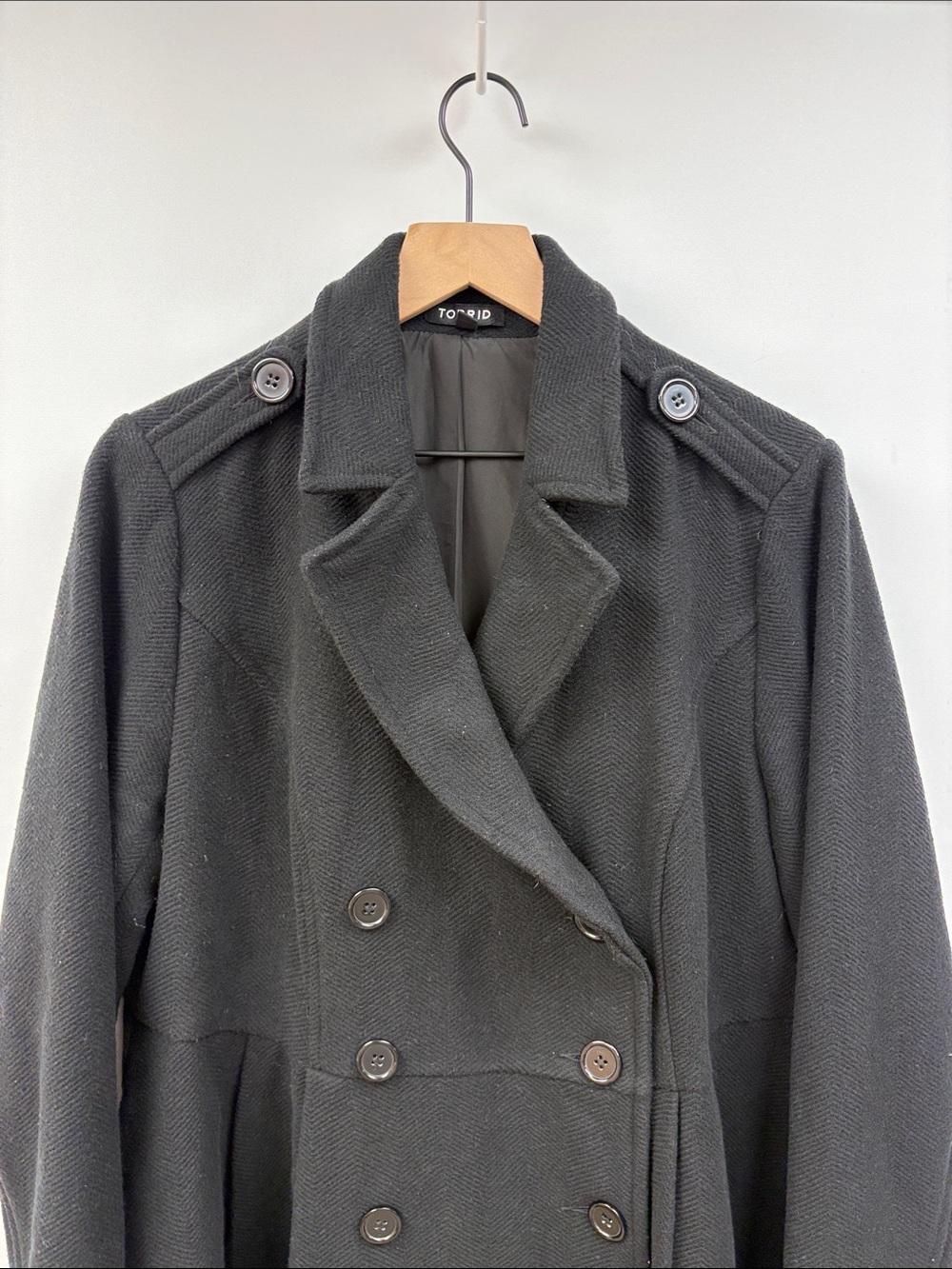 Torrid Double Breasted Military Trench Coat Black Preppy Winter Jacket Black 1X - Picture 2 of 7